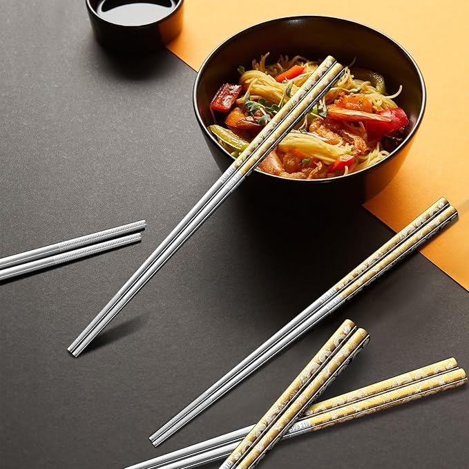 5 Pairs Gold Dragon Chopsticks Set Stainless Steel 316 Gold Plated Reusable Kitchen Dinning Eating Utensils Modern Chop Sticks Dishwasher Safe and Luxury Tableware Gift