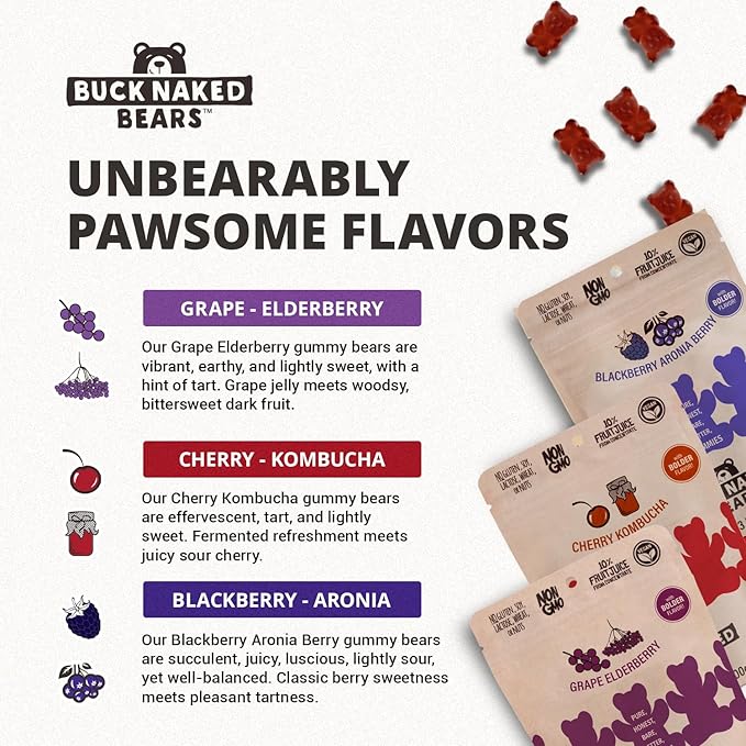 Buck Naked Bears - Variety Pack - Blackberry Aronia Berry, Cherry Kombucha, and Grape Elderberry - Plant-Based Gummies Good Snack Choice - Non-GMO - Clean Label Gummy Candy - Vegan 3.5oz 3-Pack