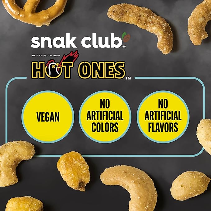 Snak Club x Hot Ones Smoky Sweet Snack Mix, Spicy Snacks with Peanuts, Pretzels, Sesame Sticks, Toasted Corn & Cashews, Inspired by Hot Ones Hot Sauce, 4.5 oz Resealable Bag (6 Count)