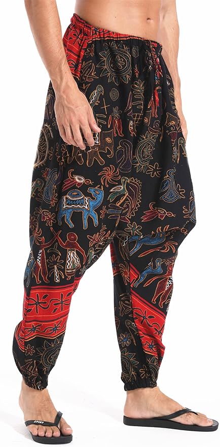 AITFINEISM Men's Drawstring Aladdin Hippie Harem Pants Loose Drop Crotch Trousers