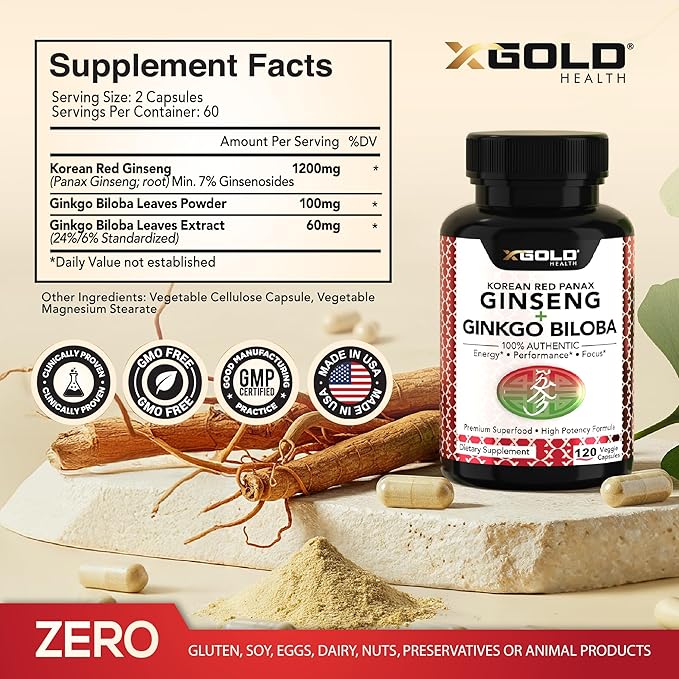 Authentic Korean Red Panax Ginseng 1200mg + Ginkgo Biloba 160mg – High Ginsenosides Extra Strength – Energy, Memory, Focus & Brain Health – Vegan Capsules for Men & Women – 120 Count