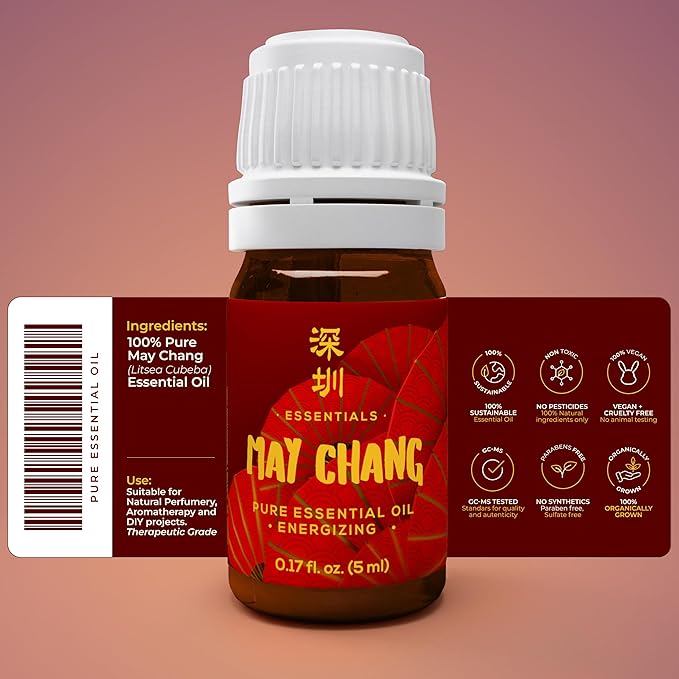 May Chang Essential Oil 100% Pure Extracted from Litsea Cubeba - 100% Pure and Natural - Undiluted - 0.17 Fl Oz (5ml) - Citrusy & Fresh Scent - Therapeutic Grade & Vegan