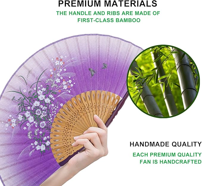 Amajiji 8.27"(21cm) Hand Held Bamboo Silk Folding Fan Hand Fan,Chinese/Japanese Charming Elegant Vintage Retro Style,Women Ladys Girls Best Gifts (Purple Grassflower)