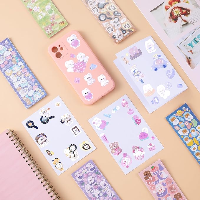 60 Sheets Korean Stickers Kpop Deco Stickers for Photocard Self Adhesive Colorful Stickers Cute Korean Stickers with Rabbit Bear Flower Cake for DIY Arts Craft Cards Scrapbooking Valentine Gift