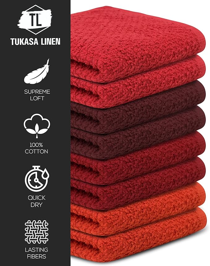 16 Pack Cotton Washcloths for Body and Face, 12x12 Inches, Pack of 16, Multipurpose and Lightweight Wash Clothes for Face. Highly Absorbent - Travel and Bath Towel (Red Family)