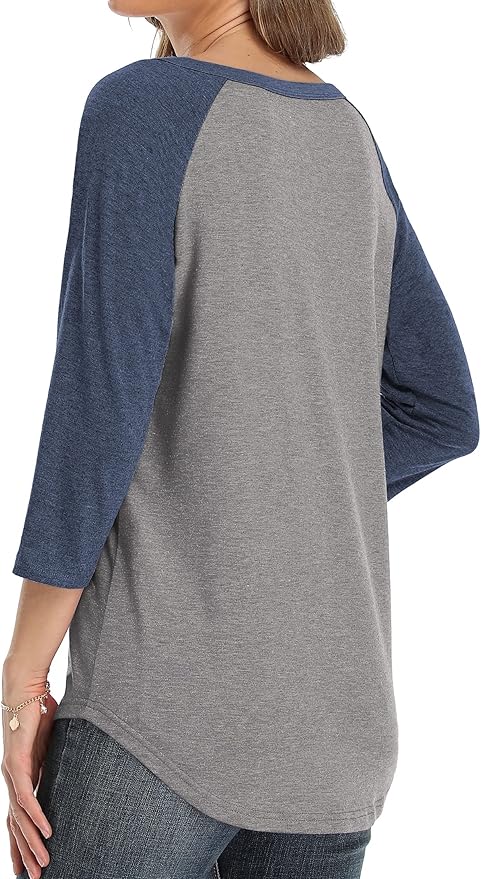 3/4 Sleeve Shirts for Women Crewneck Button Down Tunic Tops Raglan T Shirt