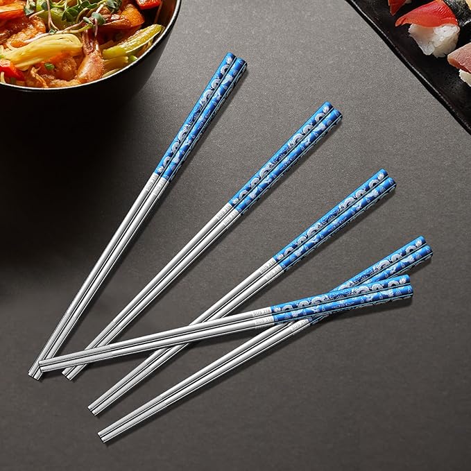 5 Pairs Blue Dragon Chopsticks Set Stainless Steel 316 Reusable Kitchen Eating Utensils Non Slip Chop Sticks Dishwasher Safe Tableware Gift Set 9.26 inches