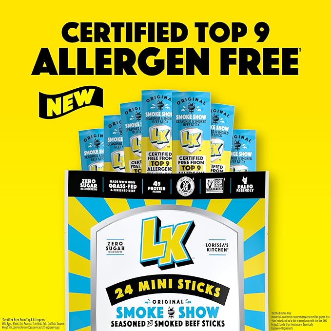Lorissa's Kitchen Beef Jerky Mini Sticks, Premium Grass Fed & Finished, Original Smoke Show Flavor - 4g Protein, On the Go Snacks, Free from Top 9 Allergens, Non-GMO, Gluten-Free, 0.5 Oz (24 Count)