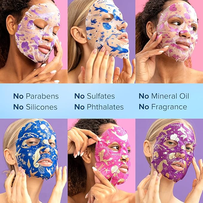 MAREE Collagen Facial Mask with Hyaluronic Acid — Sheet Face Mask Skincare — Centella Asiatica, Green & Red Algae Extract — Hydrating Facemask For Women Skin Care — Mascarillas Para La Cara — 6 Count