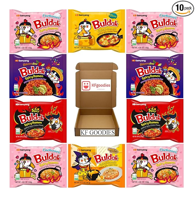 Samyang Buldak Hot Spicy Chicken Ramen Noodle Korean Stir-Fried Ramen (10 Pack, 2X Spicy (2), Habanero Lime (2), Carbonara (4), Cheese (1), Quattro Cheese (1))