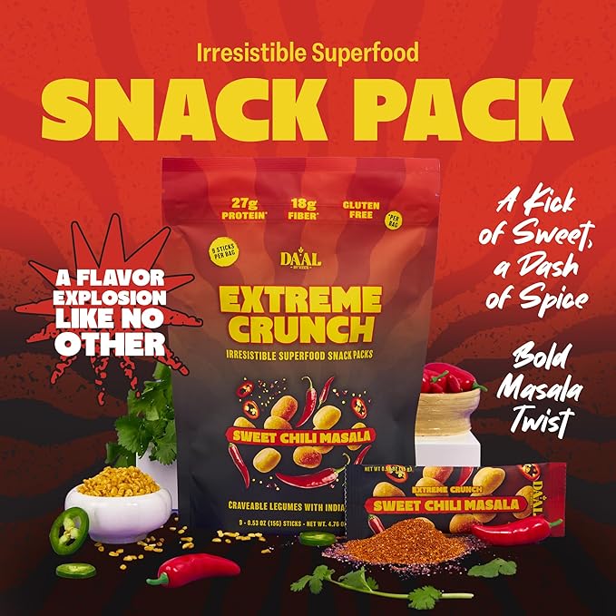 Daal By Keen Crunchy Mung Bean Snacks – Sweet Chili Masala – Plant-Based Protein, High Fiber, Gluten-Free, Nut-Free – Mix into Salads or Enjoy as an On-the-Go Snack – 1 Resealable Pack, 4.76 oz