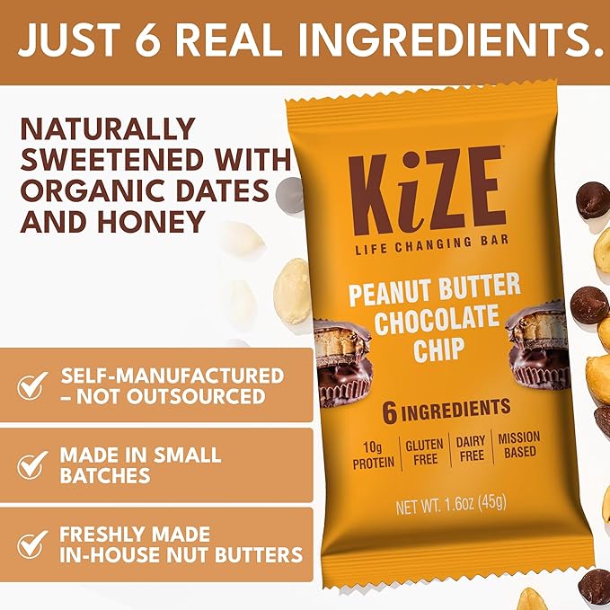 KiZE Energy Bars - Gluten Free, Dairy Free, Non-GMO, and High Protein Meal Replacement Energy Bars, Clean & Simple Food Ingredients - Peanut Butter Chocolate Chip, 10g High Protein Snacks, (30 Count)