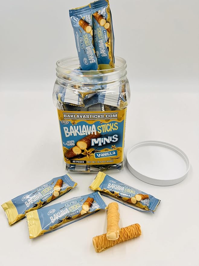 Baklava Sticks Minis, Vanilla Cream Crispy Phyllo Dough, 15.6 oz (40 Pieces) (FULL JAR 40 minis, Vanilla)