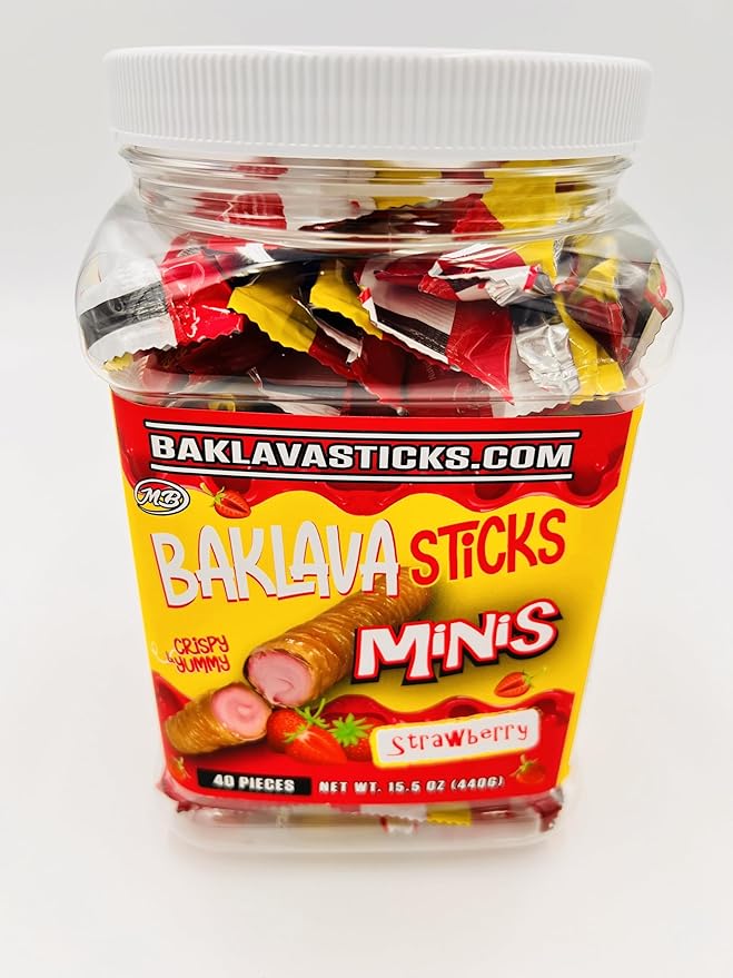 Baklava Sticks Minis, Strawberry Cream Crispy Phyllo Dough, 15.6 oz (40 Pieces) (FULL JAR 40 minis, strawberry)