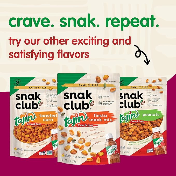 Snak Club Tajin Crunchy Peanuts, Nuts with Chili and Lime Seasoning, Mild, 2.25 oz Snack Bags, 12 Pack