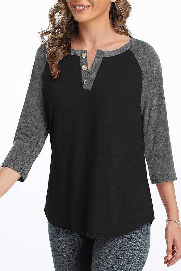 3/4 Sleeve Shirts for Women Crewneck Button Down Tunic Tops Raglan T Shirt