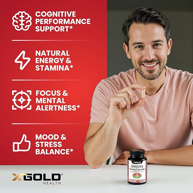 Authentic Korean Red Panax Ginseng 1200mg + Ginkgo Biloba 160mg – High Ginsenosides Extra Strength – Energy, Memory, Focus & Brain Health – Vegan Capsules for Men & Women – 120 Count