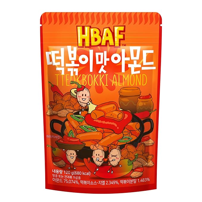 [Official Gilim HBAF] Korean Seasoned Spicy Tteokbokki Almonds Nut Snack, Korean Rice Cake Chili Sauce | School, Work, Travel Snack | Pre-workout Snack | Asian Snacks (Toppoki, 1 x 120 gram pack)