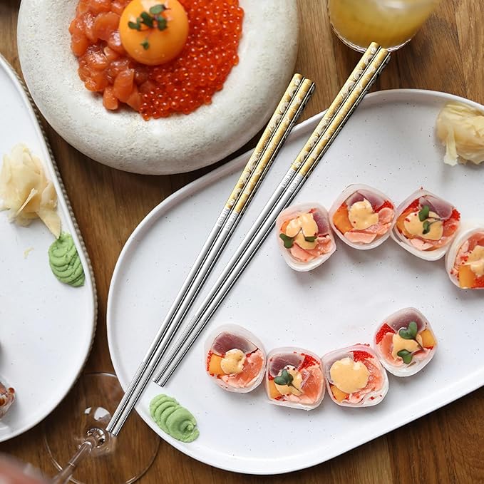 5 Pairs Gold Dragon Chopsticks Set Stainless Steel 316 Gold Plated Reusable Kitchen Dinning Eating Utensils Modern Chop Sticks Dishwasher Safe and Luxury Tableware Gift