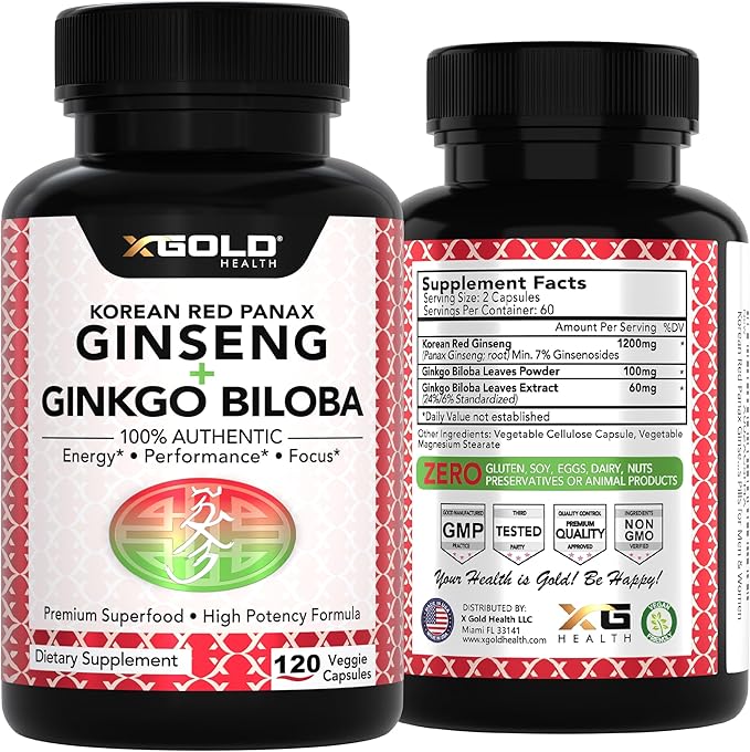 Authentic Korean Red Panax Ginseng 1200mg + Ginkgo Biloba 160mg – High Ginsenosides Extra Strength – Energy, Memory, Focus & Brain Health – Vegan Capsules for Men & Women – 120 Count