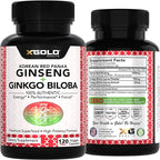 Authentic Korean Red Panax Ginseng 1200mg + Ginkgo Biloba 160mg – High Ginsenosides Extra Strength – Energy, Memory, Focus & Brain Health – Vegan Capsules for Men & Women – 120 Count