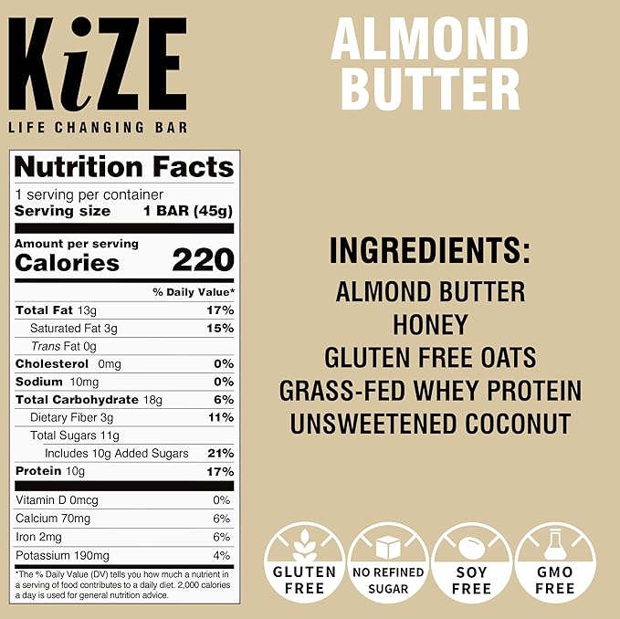 KiZE Energy Bars - Gluten Free, Dairy Free, Non-GMO, and High Protein Meal Replacement Energy Bars, Meal Bar, Clean and Simple Food Ingredients - Almond Butter, 10g High Protein Snacks, (30 Count)
