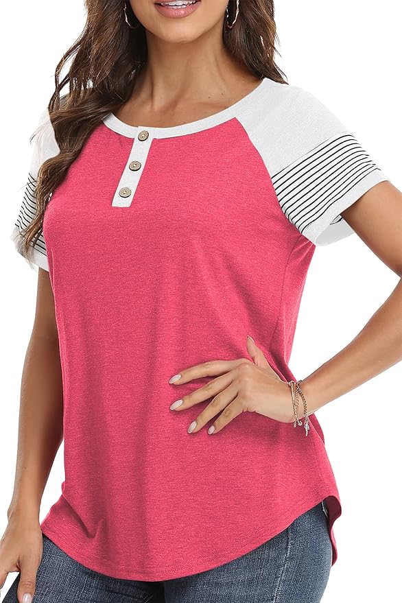 3/4 Sleeve Shirts for Women Crewneck Button Down Tunic Tops Raglan T Shirt