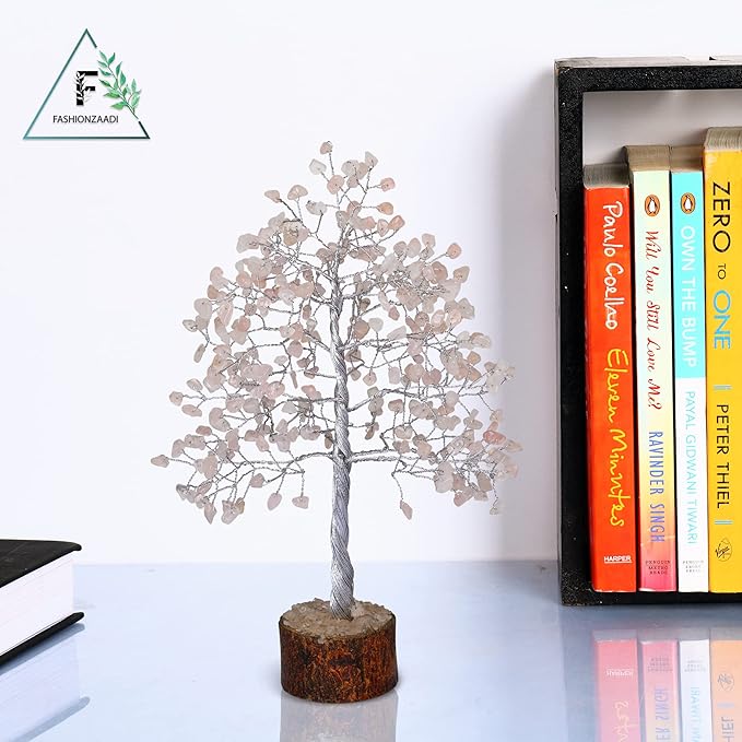 FASHIONZAADI Rose Quartz Crystal Tree, Silver Wire Feng Shui Gemstone Decor, Chakra Healing Stones Crystal Decor, Artificial Bonsai Money Tree, Good Luck Spiritual Gifts for Women & Men