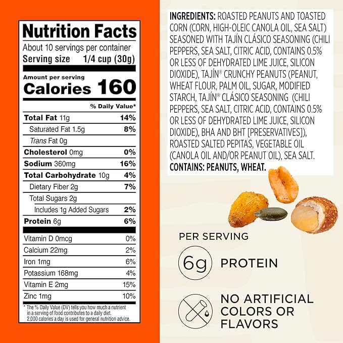 Snak Club Tajin Fiesta Snack Mix, Peanuts, Crunchy Peanuts, Toasted Corn, and Pepitas with Chili and Lime Seasoning, Mild, No Artificial Colors or Flavors, 11 oz Resealable Bag