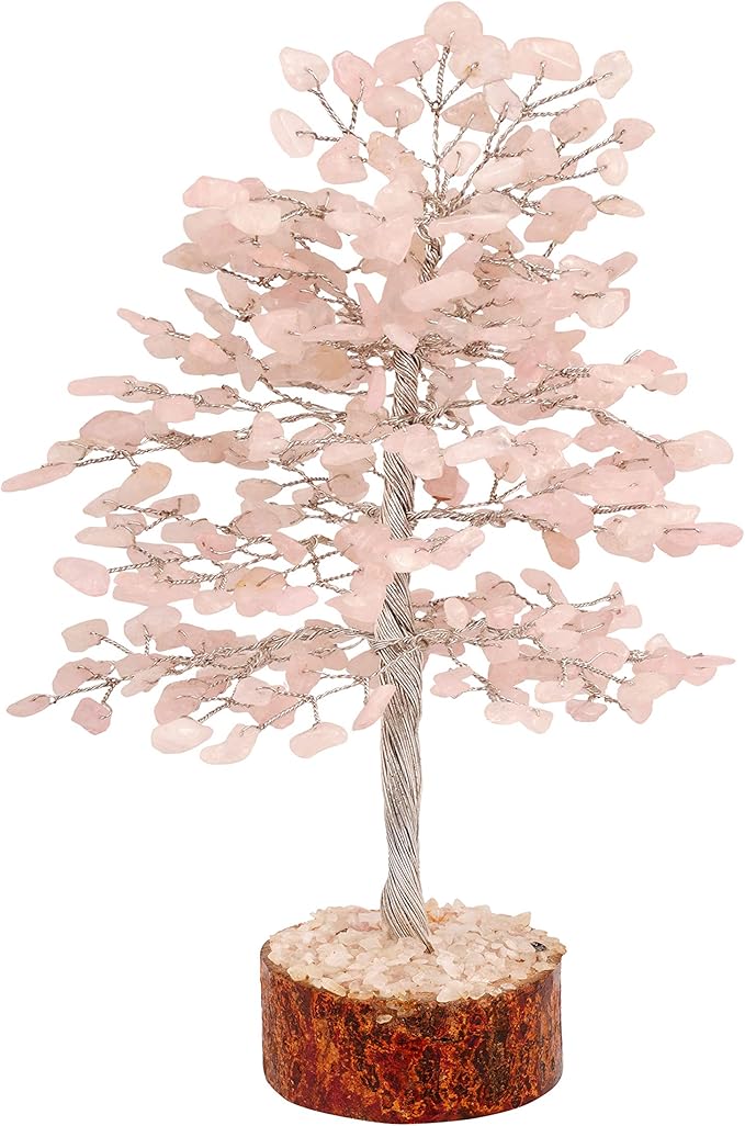 FASHIONZAADI Rose Quartz Crystal Tree, Silver Wire Feng Shui Gemstone Decor, Chakra Healing Stones Crystal Decor, Artificial Bonsai Money Tree, Good Luck Spiritual Gifts for Women & Men