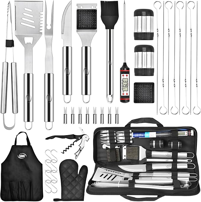 Kaluns Grilling Accessories, Dad Gifts for Christmas Grilling Gifts, Heavy Duty Stainless Steel Grill Set BBQ Grill Accessories for Outdoor Grill with Meat Thermometer, Case and Apron