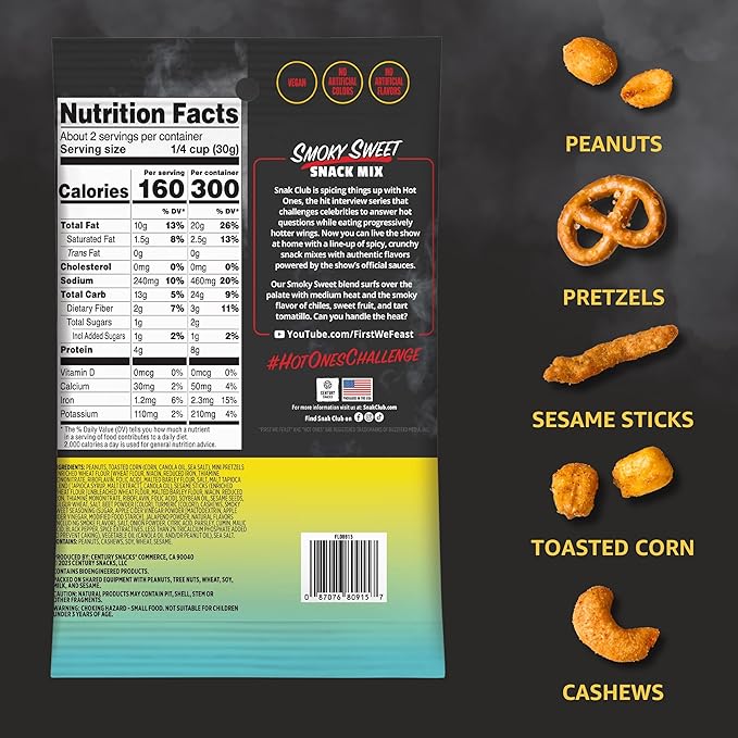 Snak Club x Hot Ones Smoky Sweet Snack Mix, Spicy Snacks with Peanuts, Pretzels, Sesame Sticks, Toasted Corn & Cashews, Inspired by Hot Ones Hot Sauce, 2 oz Bag (12 Count)