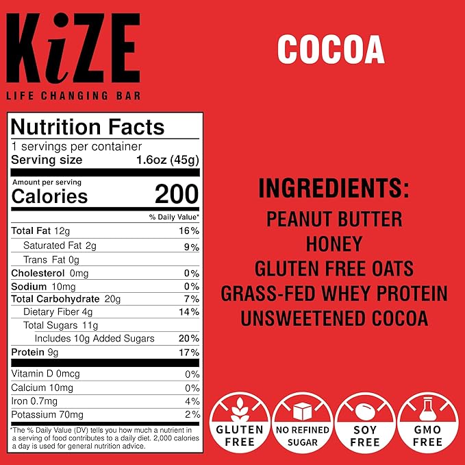 KiZE Energy Bars - Gluten Free, Dairy Free, Nut Free, Non-GMO, and High Protein Meal Replacement Energy Bars, Meal Bar, Clean and Simple Food Ingredients - Cocoa, 9g High Protein Snacks, (30 Count)