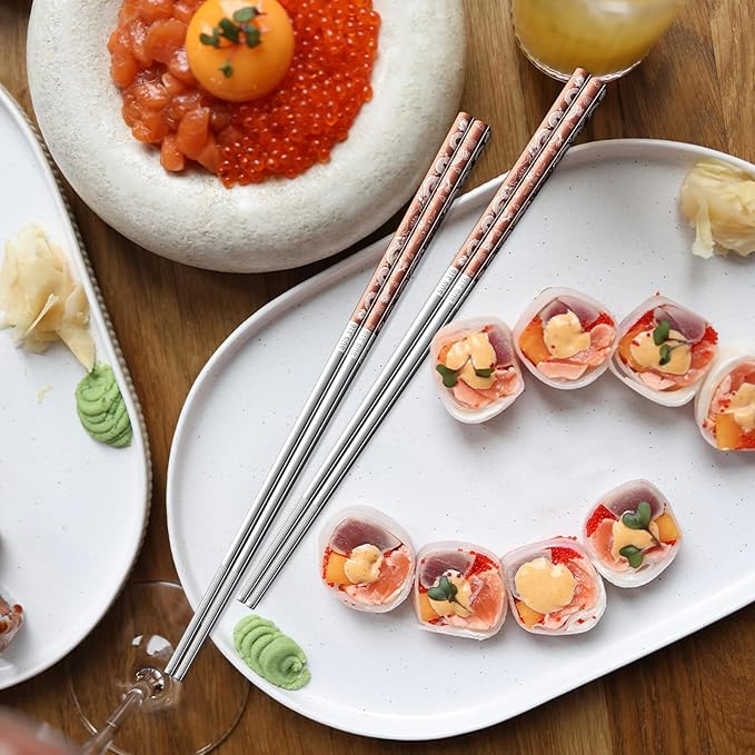 A·HOUSEWARE Copper Dragon Chopsticks Set Stainless Steel 316 Chop Sticks 5 Pairs Reusable Rose Gold Dinning Utensils Tableware Dishwasher Safe and Luxury Gift Box