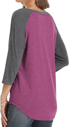 3/4 Sleeve Shirts for Women Crewneck Button Down Tunic Tops Raglan T Shirt