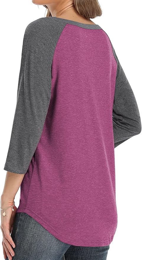 3/4 Sleeve Shirts for Women Crewneck Button Down Tunic Tops Raglan T Shirt