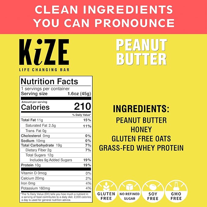 KiZE Energy Bars - Gluten Free, Dairy Free, Non-GMO, and High Protein Meal Replacement Energy Bars, Meal Bar, Clean and Simple Food Ingredients - Peanut Butter, 10g High Protein Snacks, (30 Count)