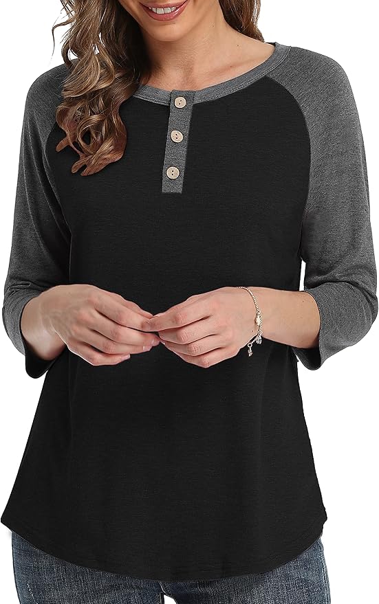 3/4 Sleeve Shirts for Women Crewneck Button Down Tunic Tops Raglan T Shirt