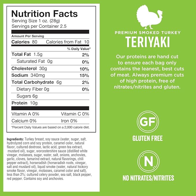 Chef's Cut Turkey Jerky, Teriyaki, High Protein Meat Snack, 10g of Protein and 80 Calories, Gluten Free, Premium Smoked Turkey Breast - 2.5 Ounce (Pack of 8)