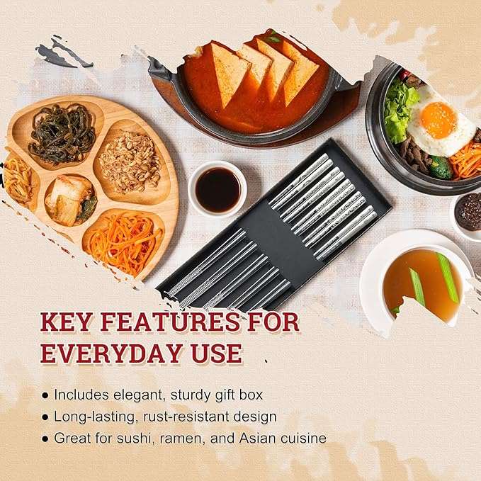 52USA Stainless Steel Chopsticks Reusable Gift Set, 5 Pairs–Lightweight 304 Stainless Steel Metal Chopsticks,Dishwasher Safe, Non-Slip, 9 in/22.9cm,Japanese Korean Chop Stick Ideal for Sushi, Noodles