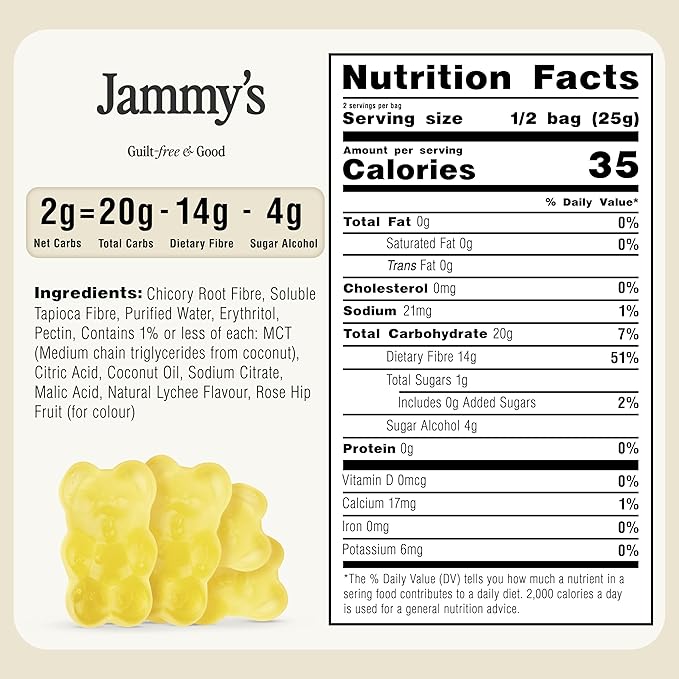 Jammy's™ - Lychee Gummy Bears | Sugar-Free & Vegan-Friendly | Keto-Friendly, Gluten-Free, Low Carb, High Fibre & Naturally Fruity | Delicious, Soft & Chewy | Box of 6 x 50g Bags