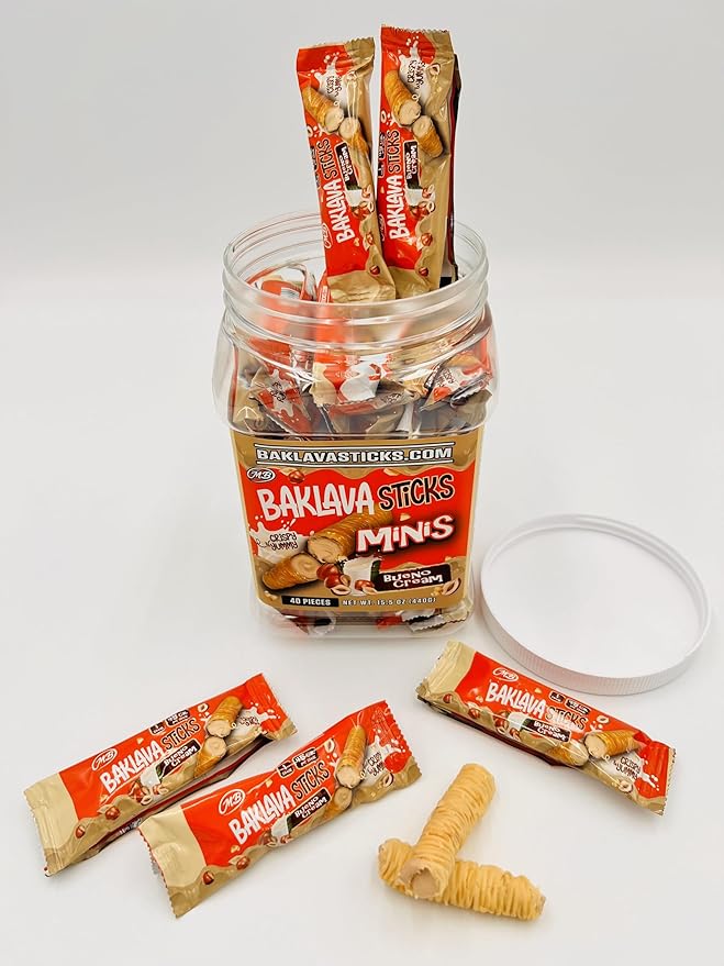 Baklava Sticks Minis, Bueno Cream Crispy Phyllo Dough, 15.6 oz (40 Pieces) (FULL JAR 40 minis, Bueno)