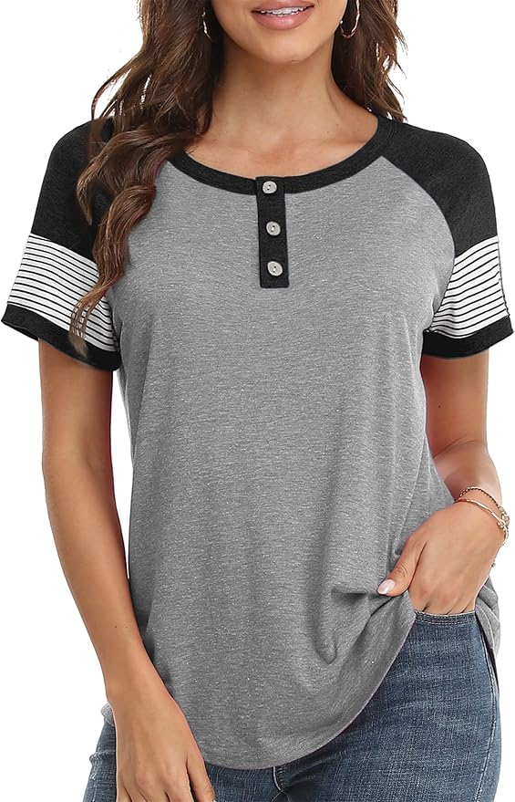 3/4 Sleeve Shirts for Women Crewneck Button Down Tunic Tops Raglan T Shirt