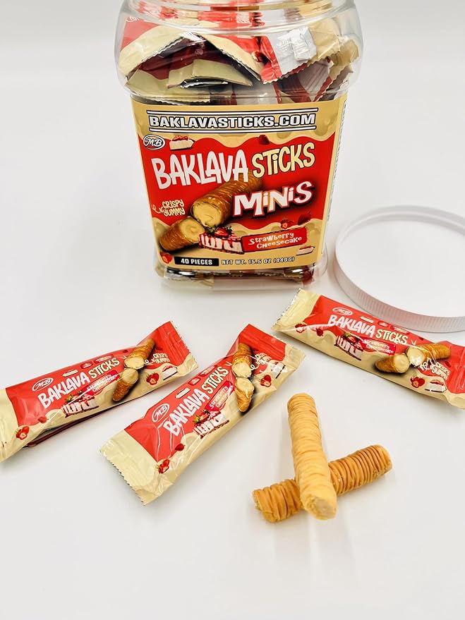 Baklava Sticks Minis, Strawberry Cheesecake Cream Crispy Phyllo Dough, 15.6 oz (40 Pieces) (FULL JAR 40 minis, Strawberry Cheesecake)