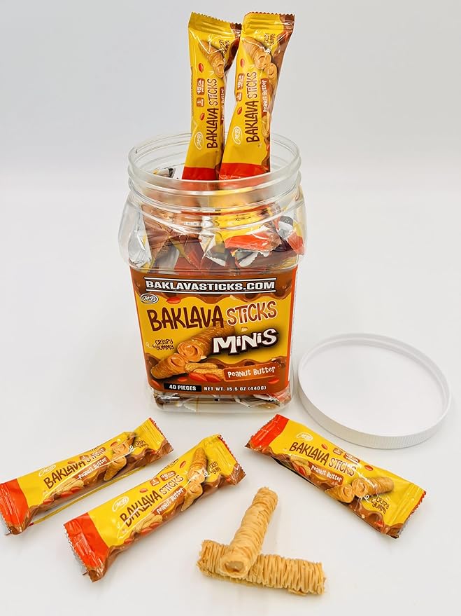 Baklava Sticks Minis, Peanut Butter Cream Crispy Phyllo Dough, 15.6 oz (40 Pieces) (FULL JAR 40 minis, Peanut Butter)