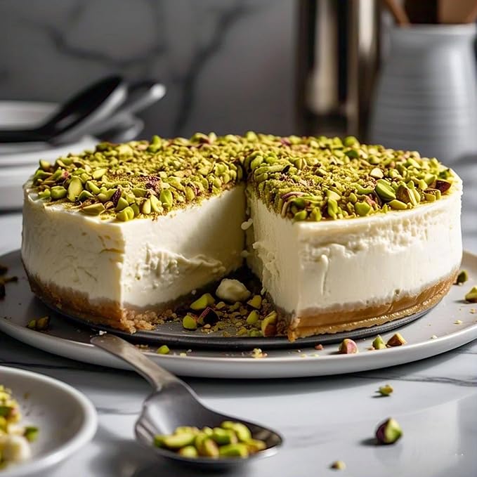 Andy Anand Caramel Pistachio Cheesecake 9" | Freshly Baked with Real California Cream Cheese, No Chemicals | All-Natural, Delicious & Decadent Dessert (2 lbs)