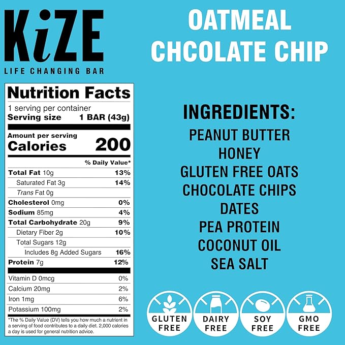 KiZE Energy Bars - Gluten Free, Dairy Free, Non-GMO, and High Protein Meal Replacement Energy Bars, Meal Bar, Clean and Simple Food Ingredients - Oatmeal Chocolate Chip, 7g High Protein Snacks, (30 Count)