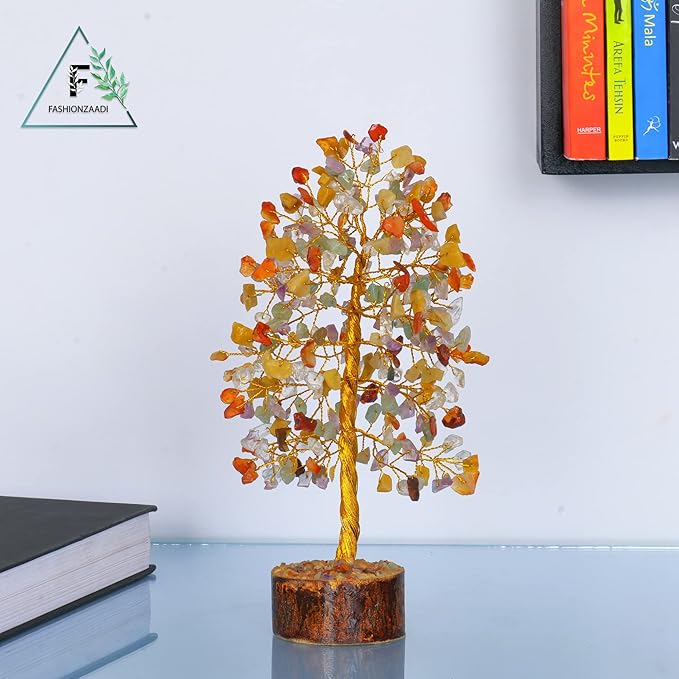 FASHIONZAADI Gemstone Money Tree Reiki Healing Chakra Balancing Handmade Bonsai Trees Spiritual Gift Aura Cleansing Good Luck Home Decor (Mix Chakra Golden Wire)