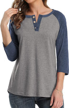 3/4 Sleeve Shirts for Women Crewneck Button Down Tunic Tops Raglan T Shirt