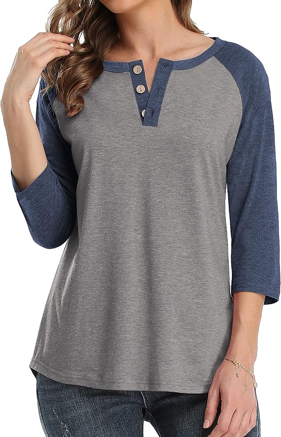 3/4 Sleeve Shirts for Women Crewneck Button Down Tunic Tops Raglan T Shirt